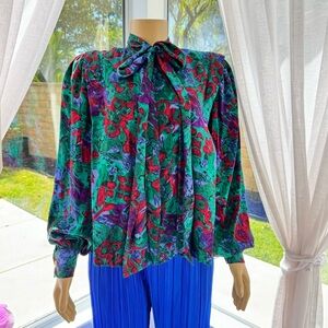Vintage 80s Abstract Milla Blouse Size L Print Long Sleeve Mock Neck Artsy